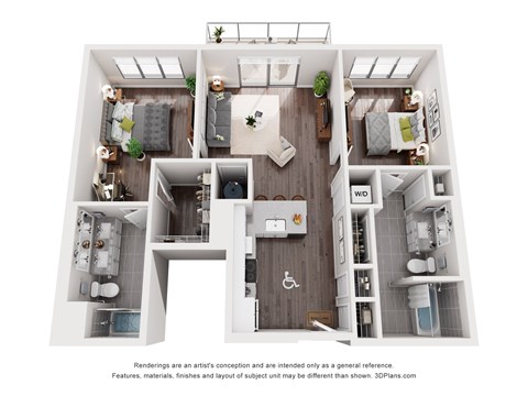 Floor plan for 2 beds, 2 baths, 1159 sqft